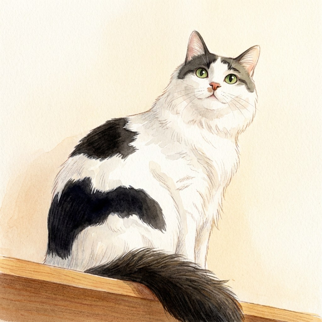 棚の上に座る白い長毛の猫を水彩で描いた絵本の挿絵