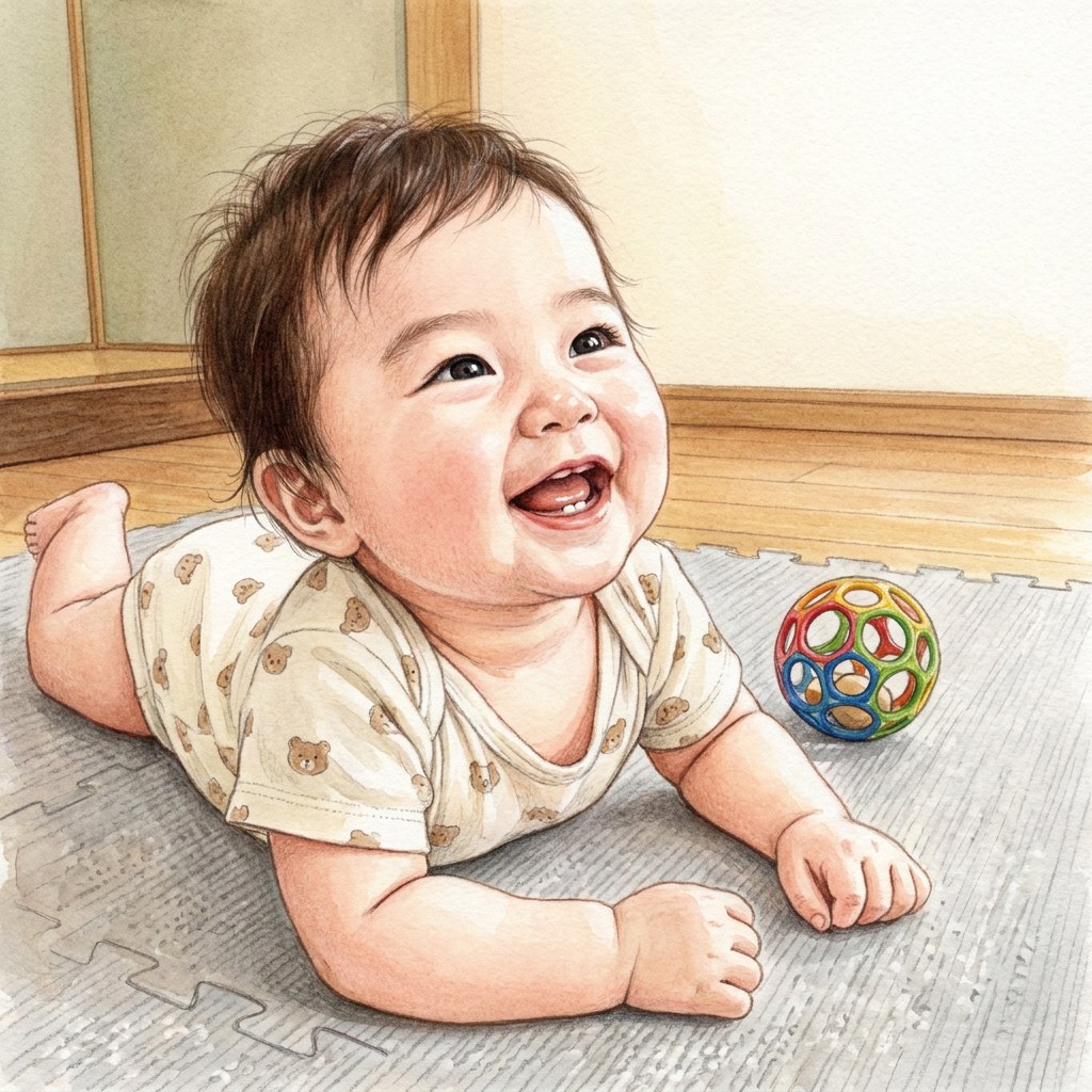 同じ赤ちゃんを水彩で描き起こした絵本の挿絵