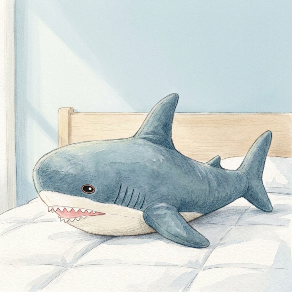 同じサメのぬいぐるみを水彩で描き起こした絵本の挿絵