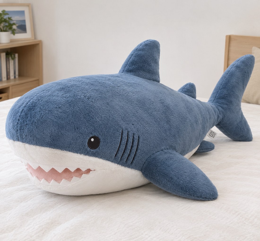 ベッドの上に置かれた大きなサメのぬいぐるみの写真